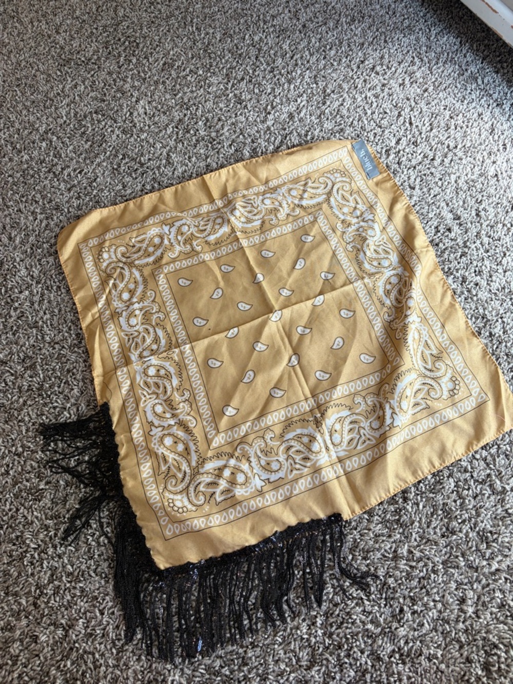 Tan Paisley Bandana Scarf with Black sequin Fringe